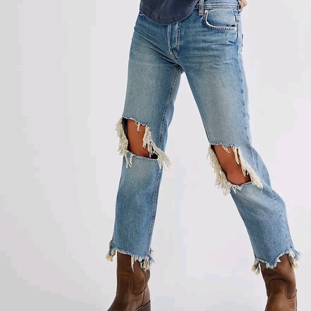 We The Free Light Blue Distressed Straight Leg Jeans
